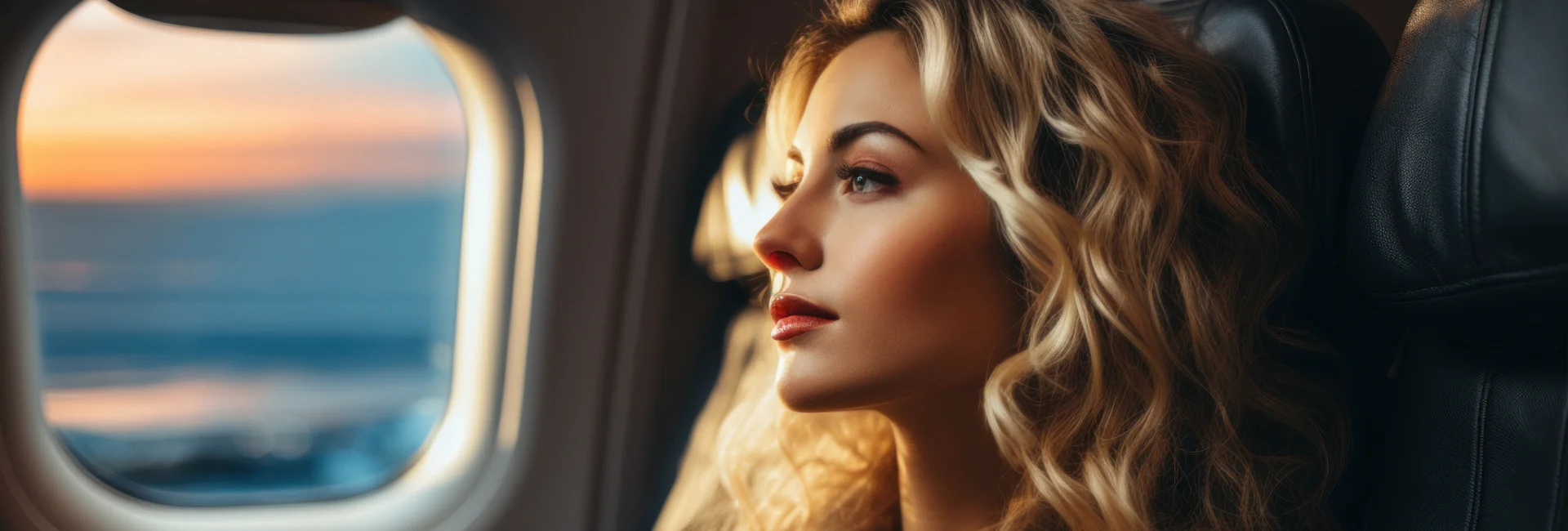 beautiful woman loooking out airplane window